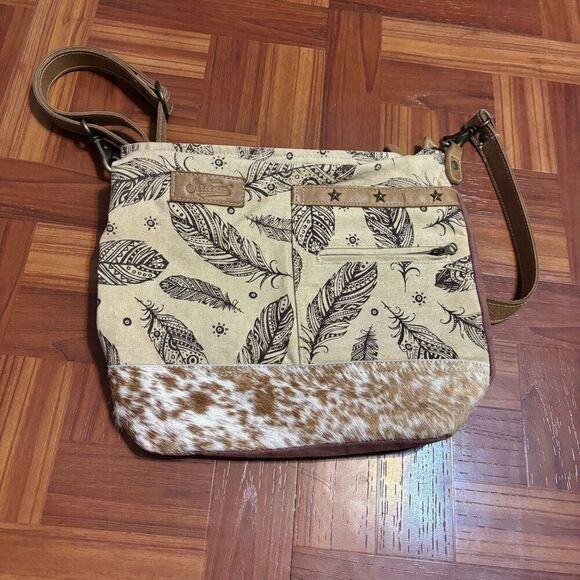 SixTease Cowhide Canvas Feather Crossbody Handmade Bag Pursr - Picture 2 of 6